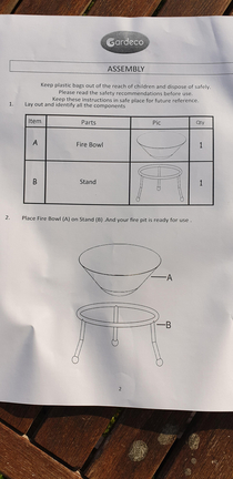Our fire pit that only has two pieces actually came with assembly instructions