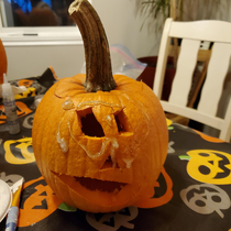 Our little neighbor friend made his first pumpkin I managed to not laugh out loud at the added glitter