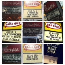 Our local Chick-fil-A and Moes BBQ had a little argument through their signs