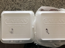 Our server at Pappadauxs labeled our to-go boxes for us