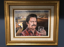 Painting in my air b-n-b this weekend Ron Swanson in the style of Dali