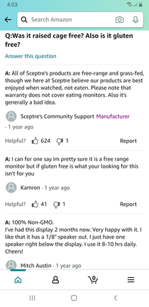 PC monitor manufacturer answers cage free gluten free question about their product on Amazon in the best way