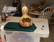 Pic #1 - I had some fun with googly eyes and one of my grandmas gourds