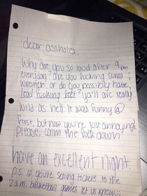 Pic #1 - Roommates write letter to noisy guys that live above them They reply