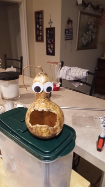 Pic #3 - I had some fun with googly eyes and one of my grandmas gourds