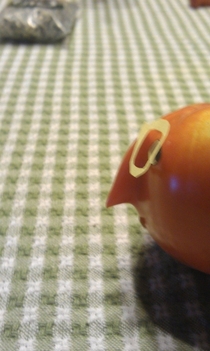 Pic #3 - We had a tomato with a strange growth My mom used a sticky note to make it into a nose