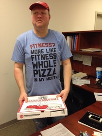 Pizza day at work and Waller shows up in the appropriate attire