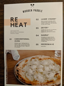 Pizza reheating instructions from a local pizza place