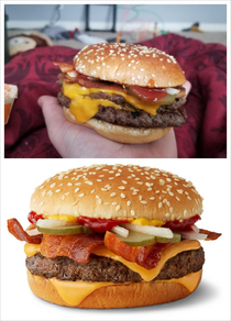 Positive EvR for a change My bacon double quarter pounder from McDonalds  vs a picture from the internet Im usually disappointed but I was pleasantly surprised today Please forgive the toys in the background