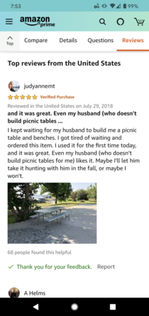 Pretty sure she wanted her husband to build her a picnic table