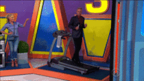 Price is Right announcer tries to look cool running backward on a treadmill