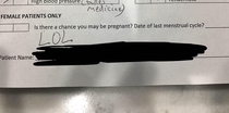 Questionnaire form from  year old patient