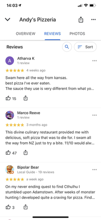 Reviews for Andys Pizzeria on an uninhabited island in Pacific ocean