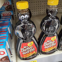 Roommate works at Walmart as an early morning stocker Found these googly eyes on Mrs Butterworth this morning and sent me a pic
