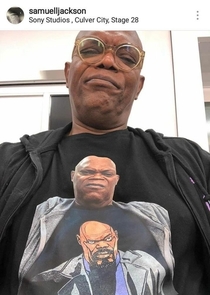 Samuel L Jackson wearing a t-shirt of himself wearing a t-shirt of himself