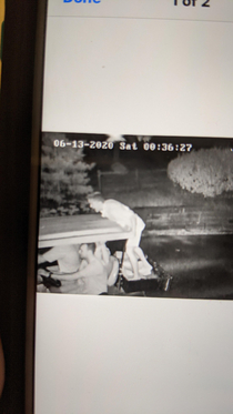 Security image of a company golf cart that was stolen last night Look how much fun that guy on the back is having