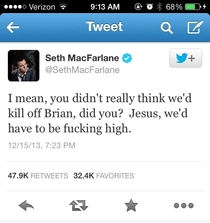 Seth MacFarlane tweeted this after last nights family guy spoiler
