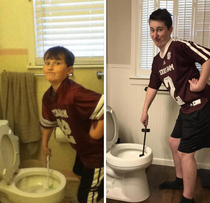 Seven years and a bathroom remodel later my mom had my little brother recreate one of my favorite pictures of him