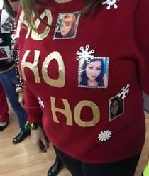 She made an Ugly Christmas sweater with pictures of her boyfriends exes
