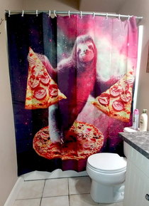 Shower curtains A sloth riding a pizza in space