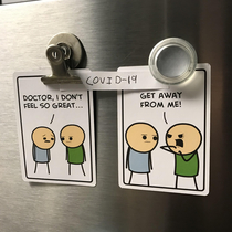 Since I cant hang out with friends Ive been playing Joking Hazard with myself on the fridge