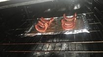 So I baked hot dogs in the oven and this is what happened