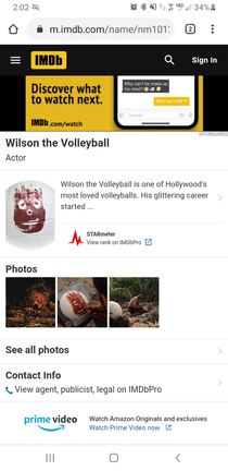So I just found out that Wilson the volleyball from the movie Castaway has a legit IMDB page with  actor credits