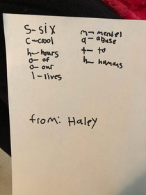 So my  yr old daughter had to write a word for each letter of school math and this is what she came up with