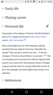 Someone edited Titans player Bryce Cartwrights wiki page after his anti-vax stance was exposed