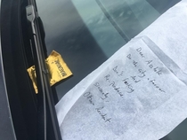 Someone had parked their Audi out of lines - and someone left a nice note lol Ottawa Canada