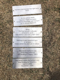 Someone installed these plaques on a bunch of benches they got taken down by the city today but I think theyre priceless