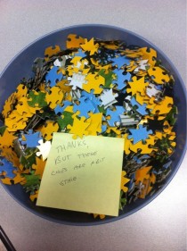 Someone left a bowl of puzzle pieces in the break room at work I decided to mess with them