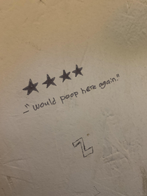 Someone left a review in the bathroom stall Not sure if it deserved FOUR stars but it wasnt bad