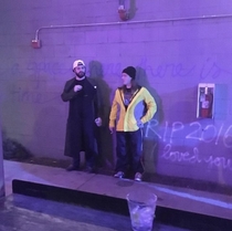 Someone snapped a pic of this duo in their epic Halloween costumes outside of a bar in Austin