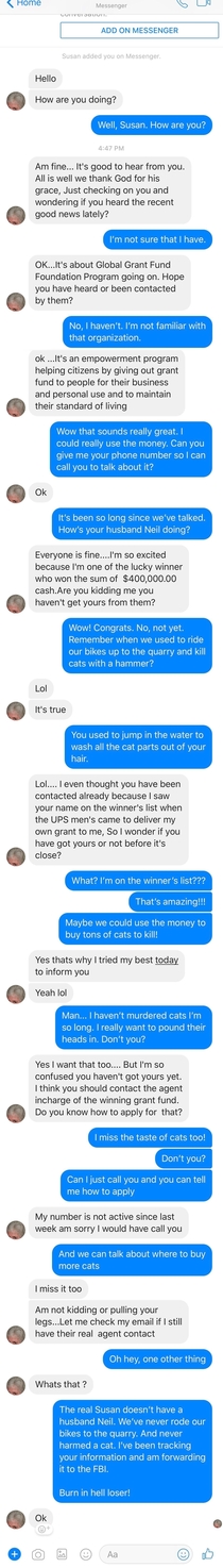 Someone tried to scam me today on Facebook Messenger by impersonating a family member Here is our conversation
