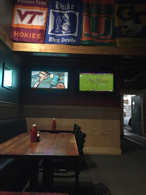 Sports bar in my new hometown plays sports on some TVs and Nick Toons on the other This is not a complaint