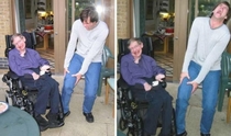 Stephen Hawking runs over Jim Carreys foot with his wheelchair