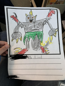 Subbed in a KG class today They have a star student of the week and all the kids have to write something about them and draw a picture This is what one student turned in