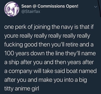 Tbh then the only reason to join the navy would be to be a big titty anime girl