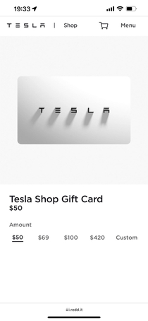 Tesla default gift card amounts