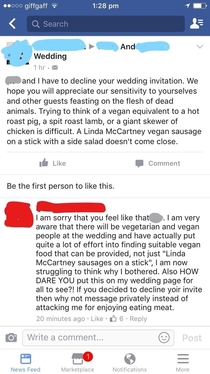 That escalated quickly - a vegan replies to a wedding invitation in a Facebook Group