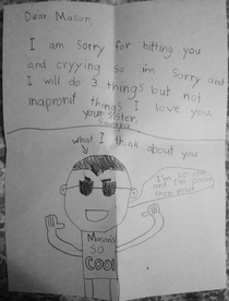 The apology letter my F daughter wrote to my M son tonight