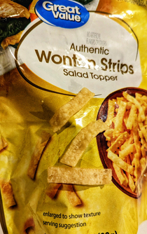 The bag on these wonton strips says the image is enlarged but the actual wontons are double the size of the picture