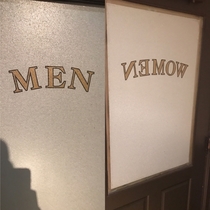 The bathroom door says men from the outside but from the inside says women spelled backwards so you think you were in the wrong bathroom