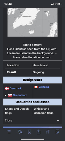 The casualties and losses on the Wikipedia page about the pseudo war over the Hans island is literally snaps and whisky