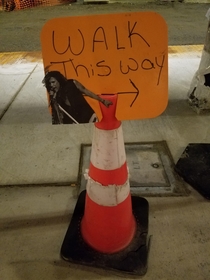 The construction crew working on the sidewalk outside of the music store I run put up some temporary pedestrian directions I had no choice but to amend the one in front of our door