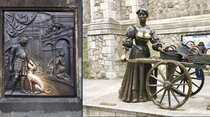 The dog on Charles Bridge Prague and the Molly Malone Statue Dublin