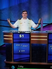 The face of a man who had a score of  and still won Jeopardy