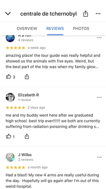 The Google reviews for the Chernobyl Power Plant