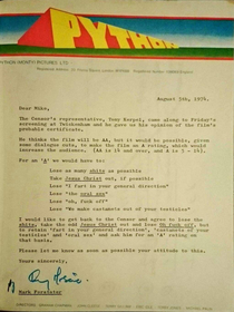 The hilarious censor negotiation letter from Monthy Python and the Holy Grail